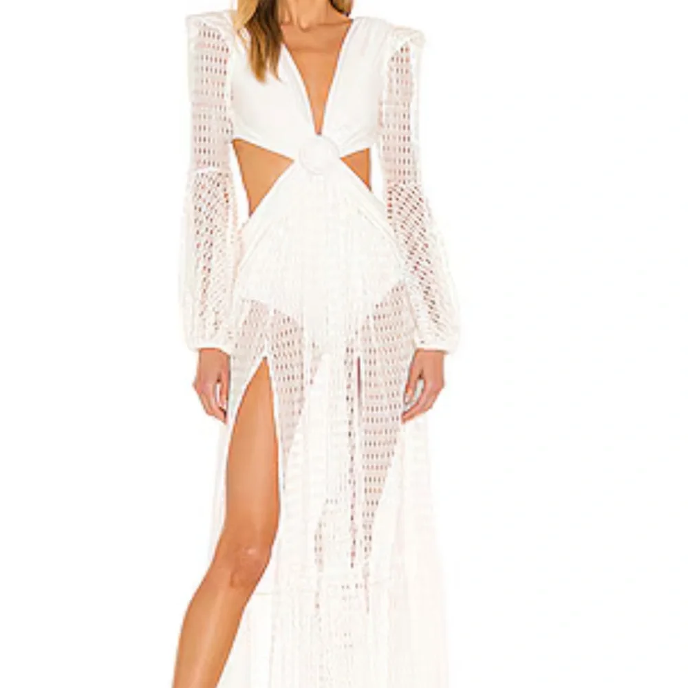 PatBO Plunge Long Sleeve Beach Dress Ivory Lace Mesh Dress Seashell Medium - Picture 2 of 11